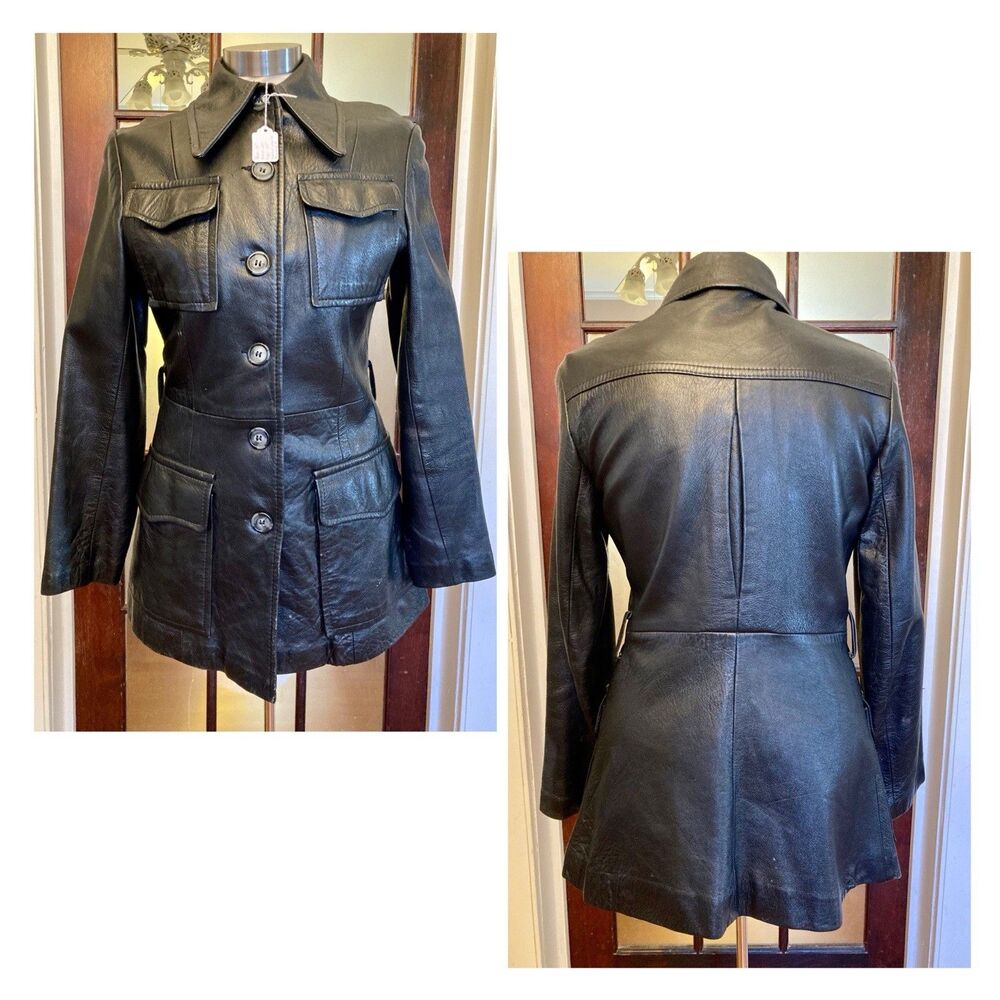 Early 1970s Glam Mod Hippie Leather Jacket Coat Dress Dagger Collar Drop Waist